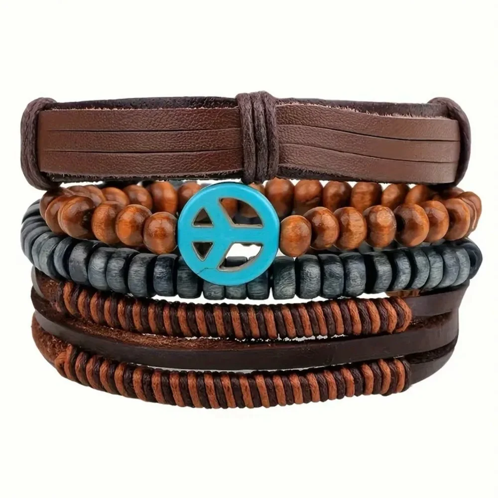 4pc Multi-layer Cool Bracelet,‎ Unisex Wooden Beads PU Leather Braided Bracelet